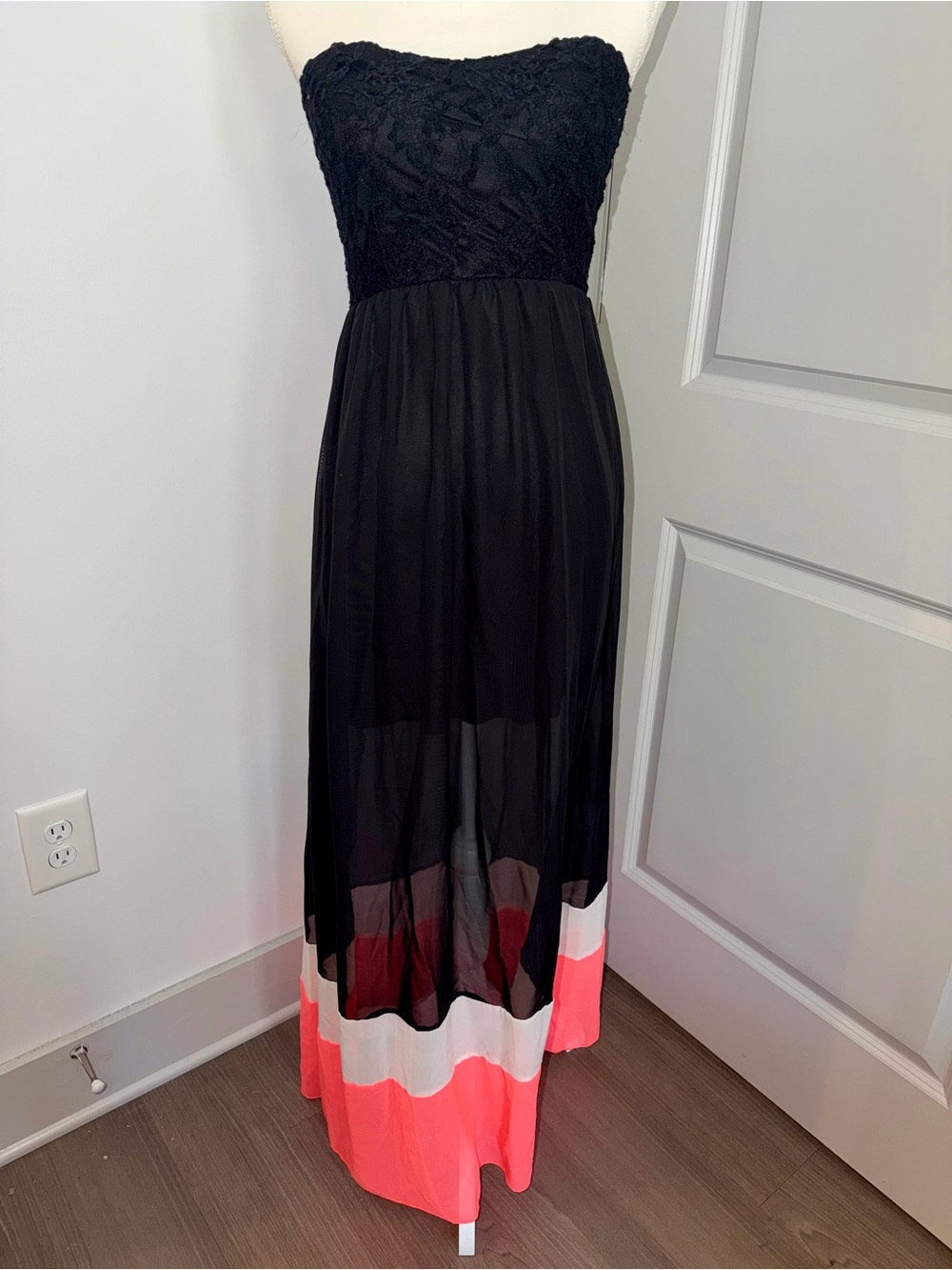 Jay Strapless Color-block Lace Bodice Maxi Dress w/ Sheer Pleated Overlay Skirt